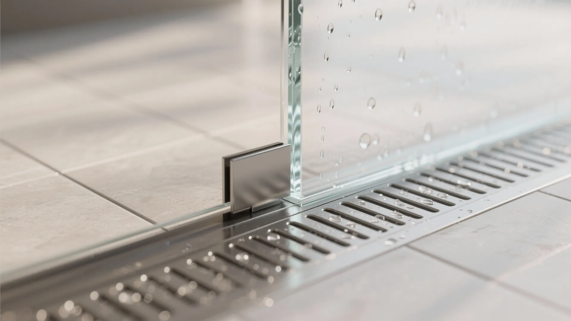 Shower glass panel with water drops and metal clip installed above a long silver drain