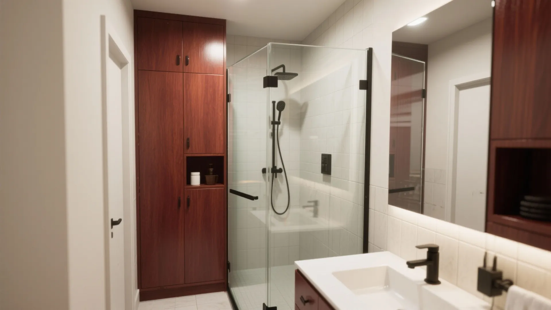 Modern bathroom interior featuring dark wood cabinet glass shower door white sink and black faucet set