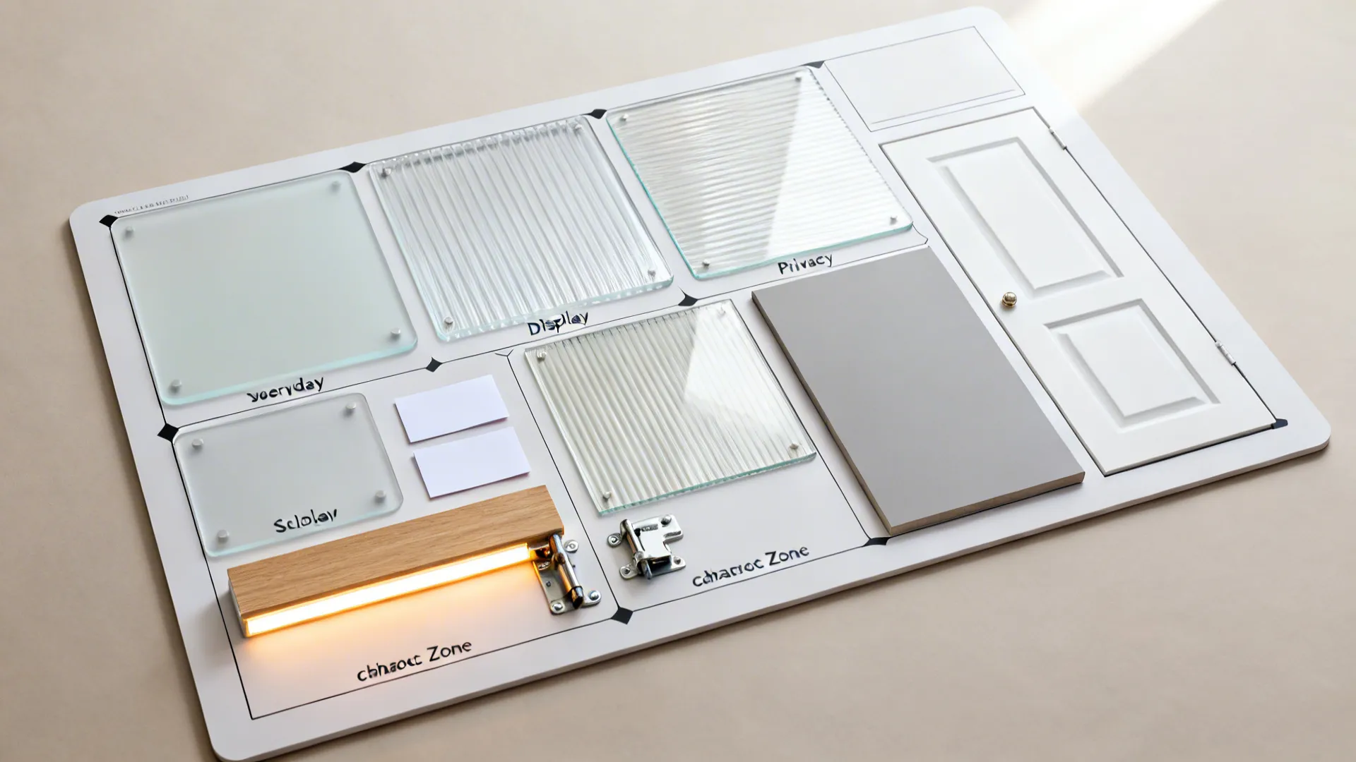 Top-down board with frosted, clear, and reeded glass samples arranged by use zones.