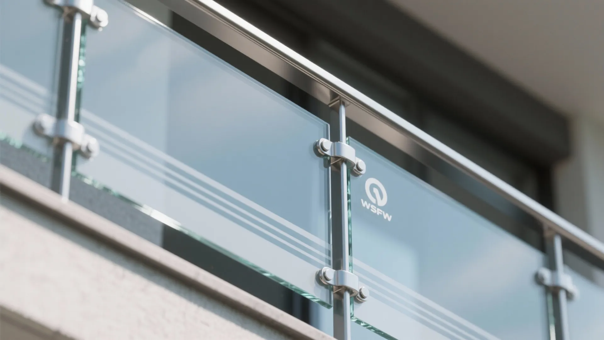 Close up of glass balcony railing with silver metal clips and handrail in modern setting