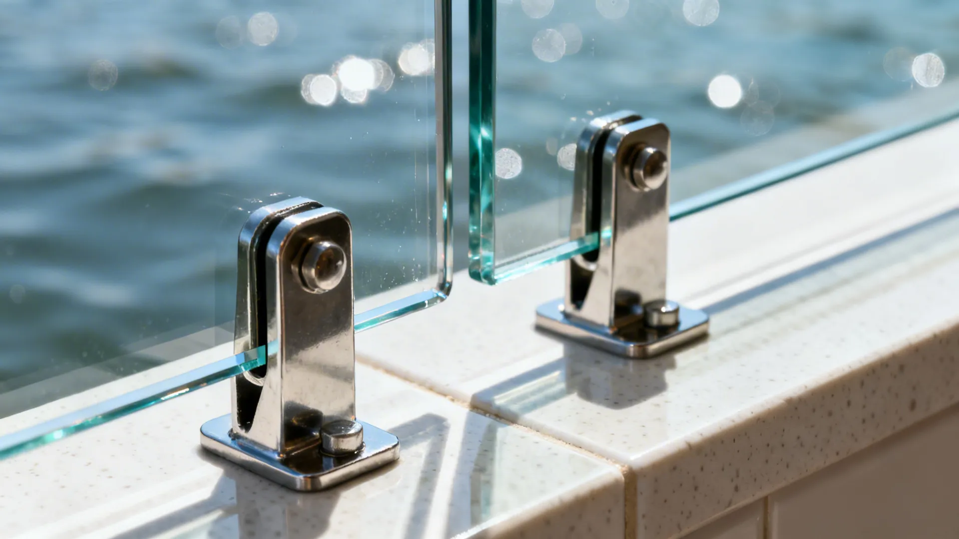 Two metal clamps holding glass panels on a stone ledge next to a bright swimming pool