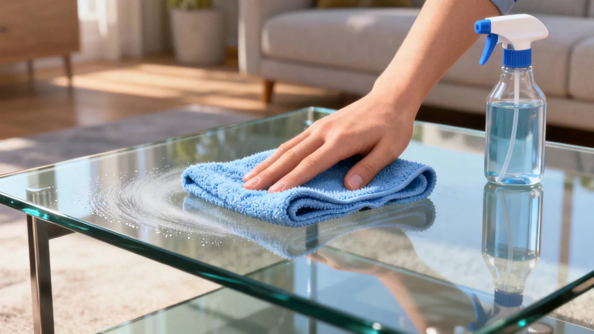 Microfiber cloth cleaning a glass coffee table for a streak-free finish.