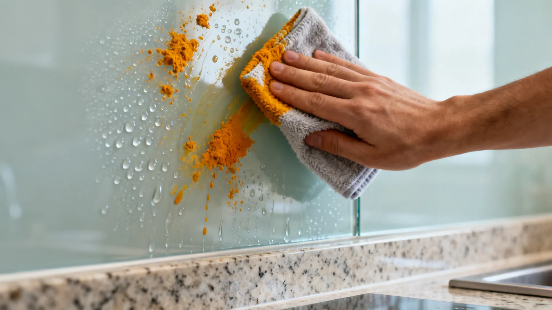 Close-up of turmeric splashes being wiped off a toughened glass backsplash.