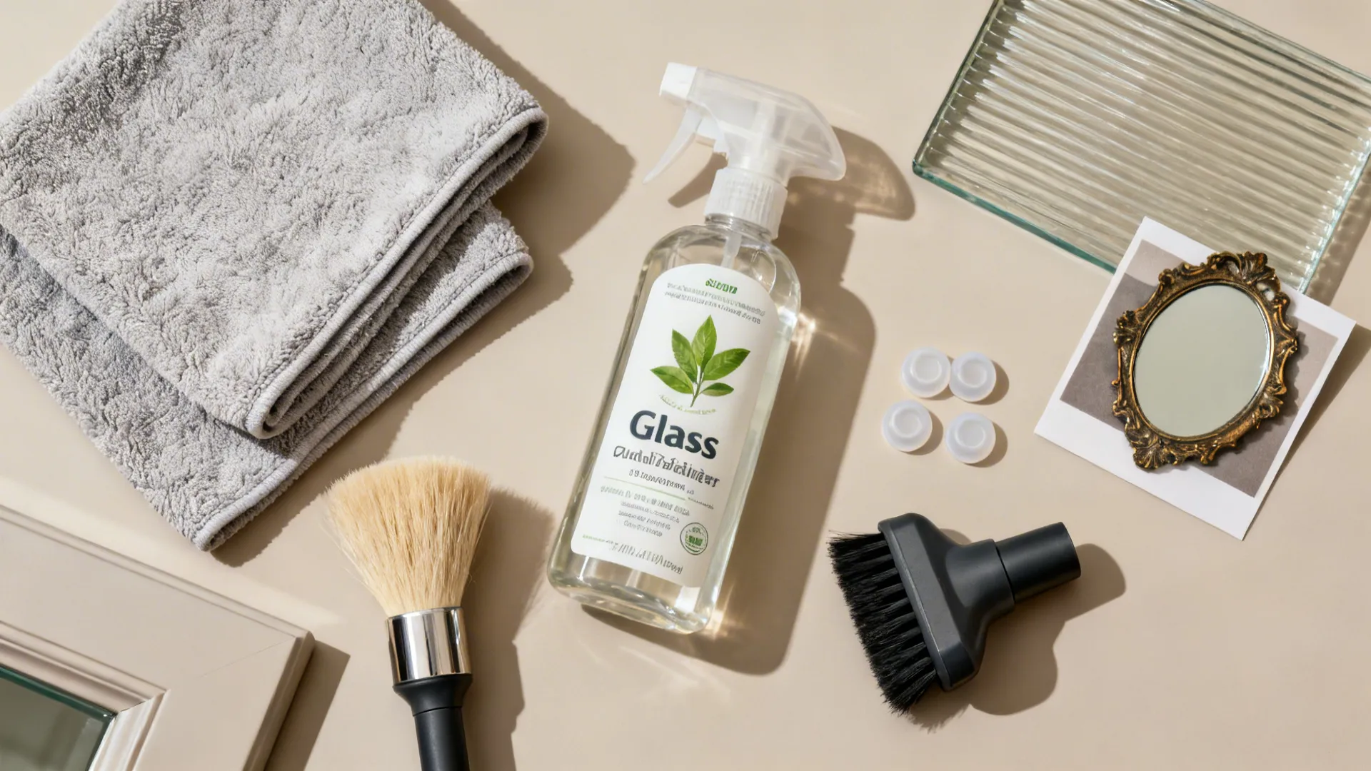 Flat lay of microfiber cloths, plant-based cleaner, and a soft brush beside reeded glass.