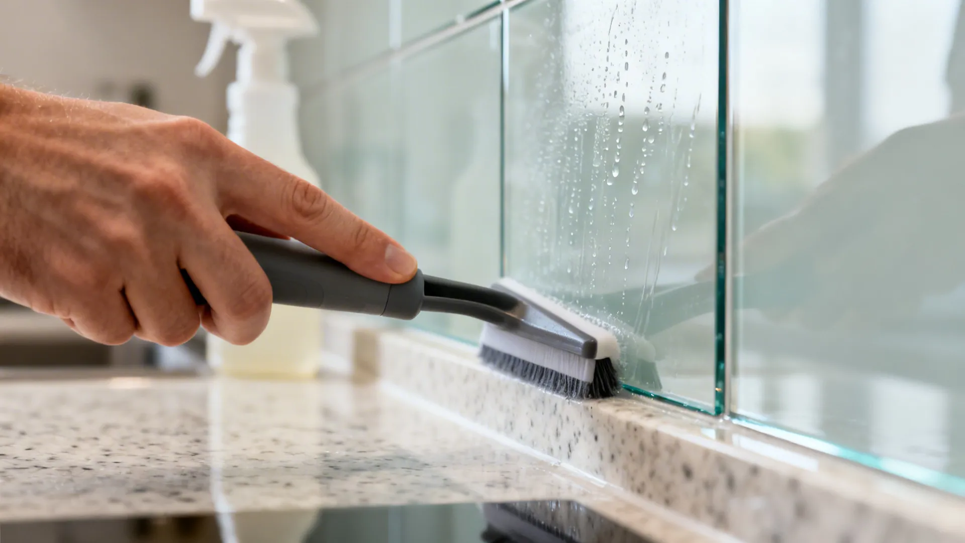 Close-up of a squeegee cleaning a tempered glass backsplash above a quartz counter.