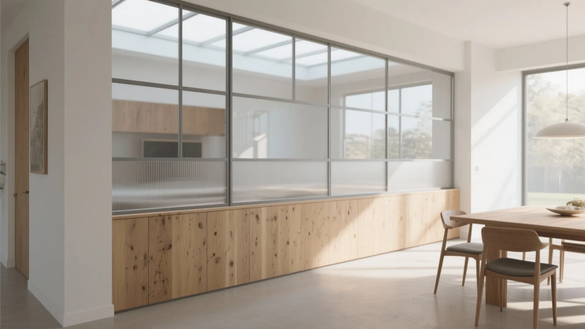 Glass-sheathed timber shear wall to borrow light