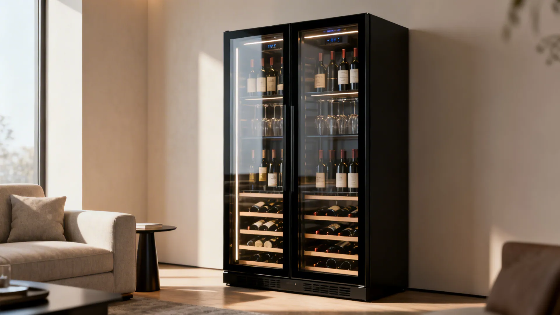 Glass-enclosed climate wine cabinet in a modern living room setting