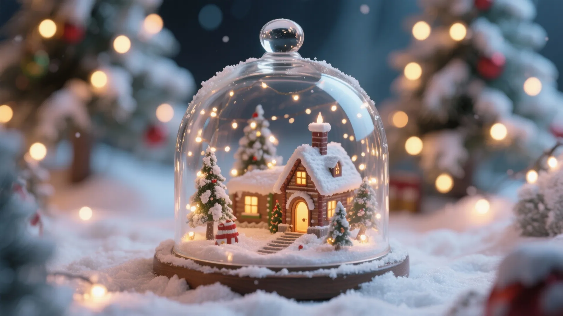 Glass dome covering small snowy winter house and trees with lights in a snowy landscape