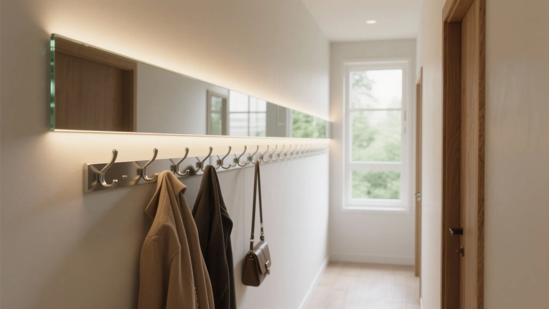 Glass-backed coat rail for brighter circulation