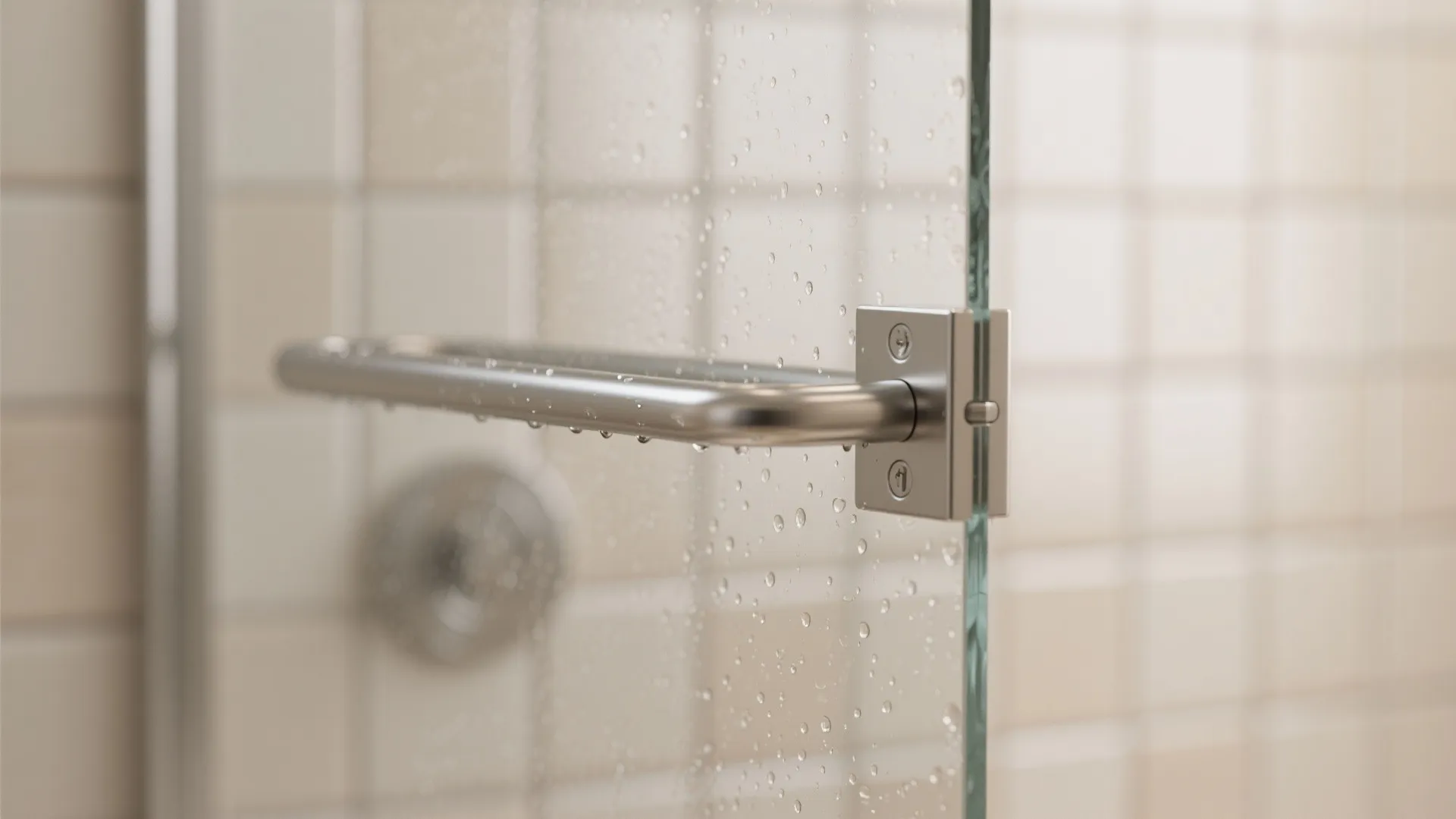 Close up of a glass shower door with metal handle and water drops after use