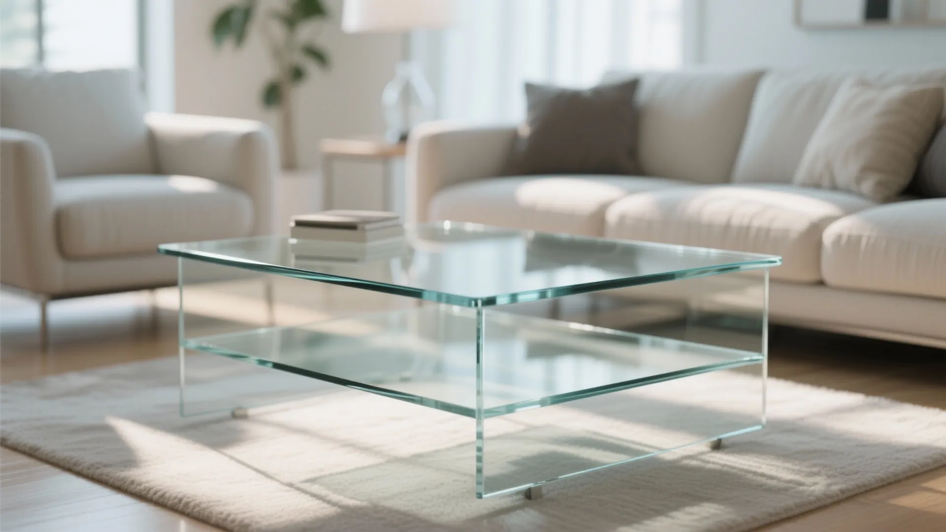Two tier glass coffee table standing on white rug in bright living room with sofa