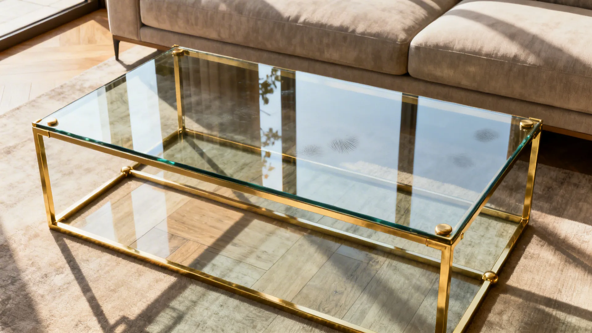 Glass coffee table with brass frame revealing floor area to make a small room feel airy.