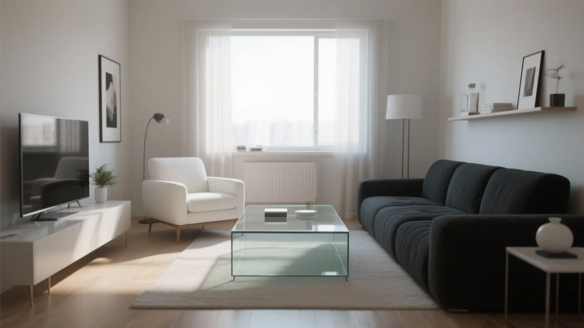 Modern living room featuring a glass coffee table black sofa white armchair and large window