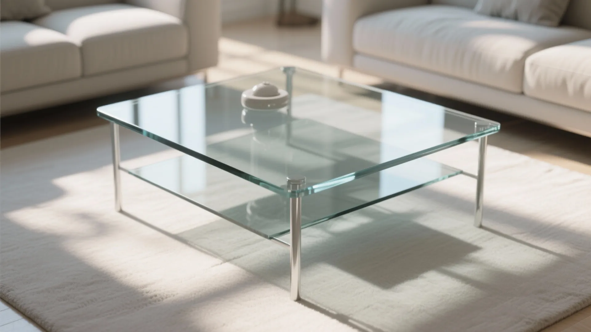 Square glass coffee table with metal legs on beige rug near white sofa in bright room