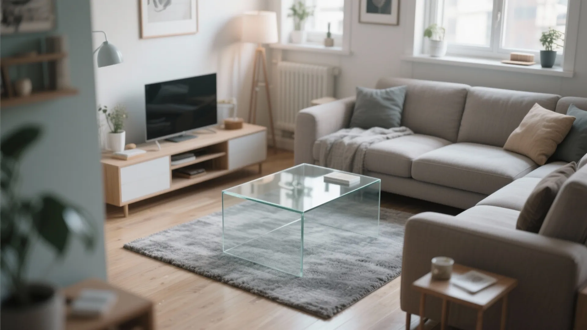 Bright living room with glass coffee table gray rug wooden cabinet television and large gray sofa