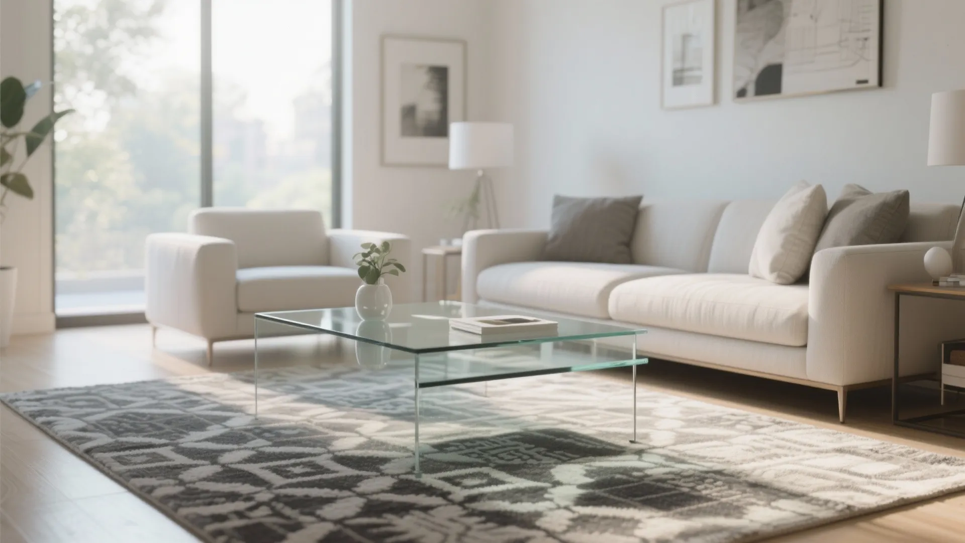 Modern living room featuring glass coffee table white sofa patterned rug and bright natural window light