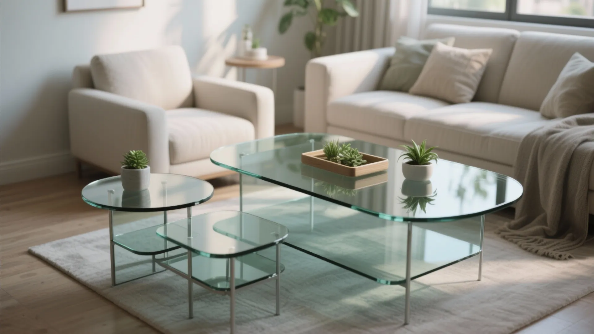 4. Glass-top coffee table set with nesting side tables