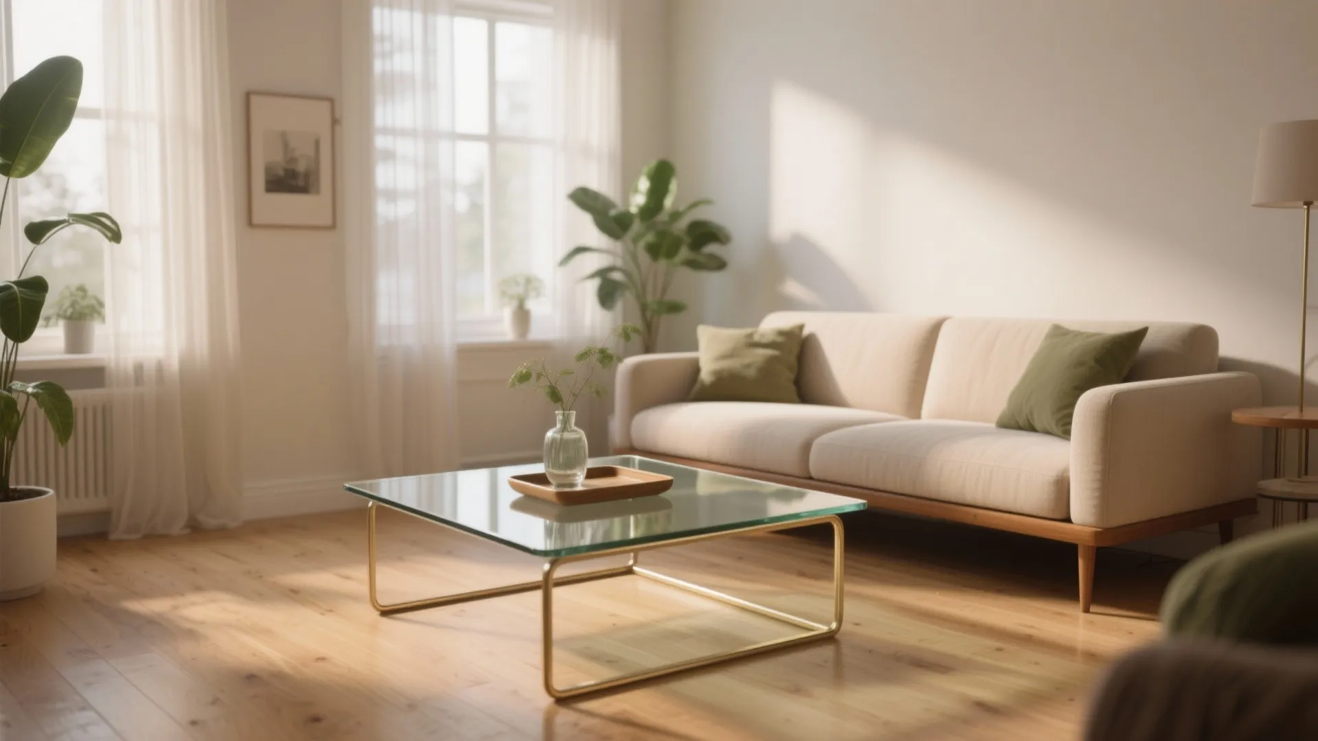 Bright living room with beige sofa green pillows glass coffee table wood floor natural light