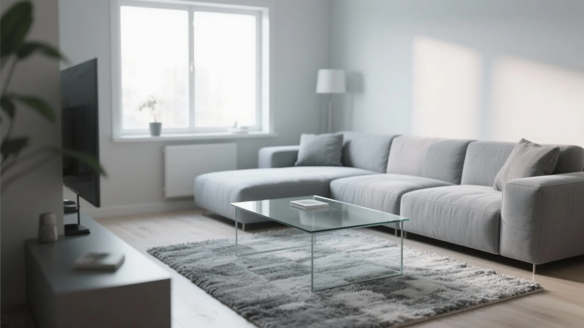 Minimalist living room featuring grey sofa, glass coffee table, grey rug, and bright sunny window