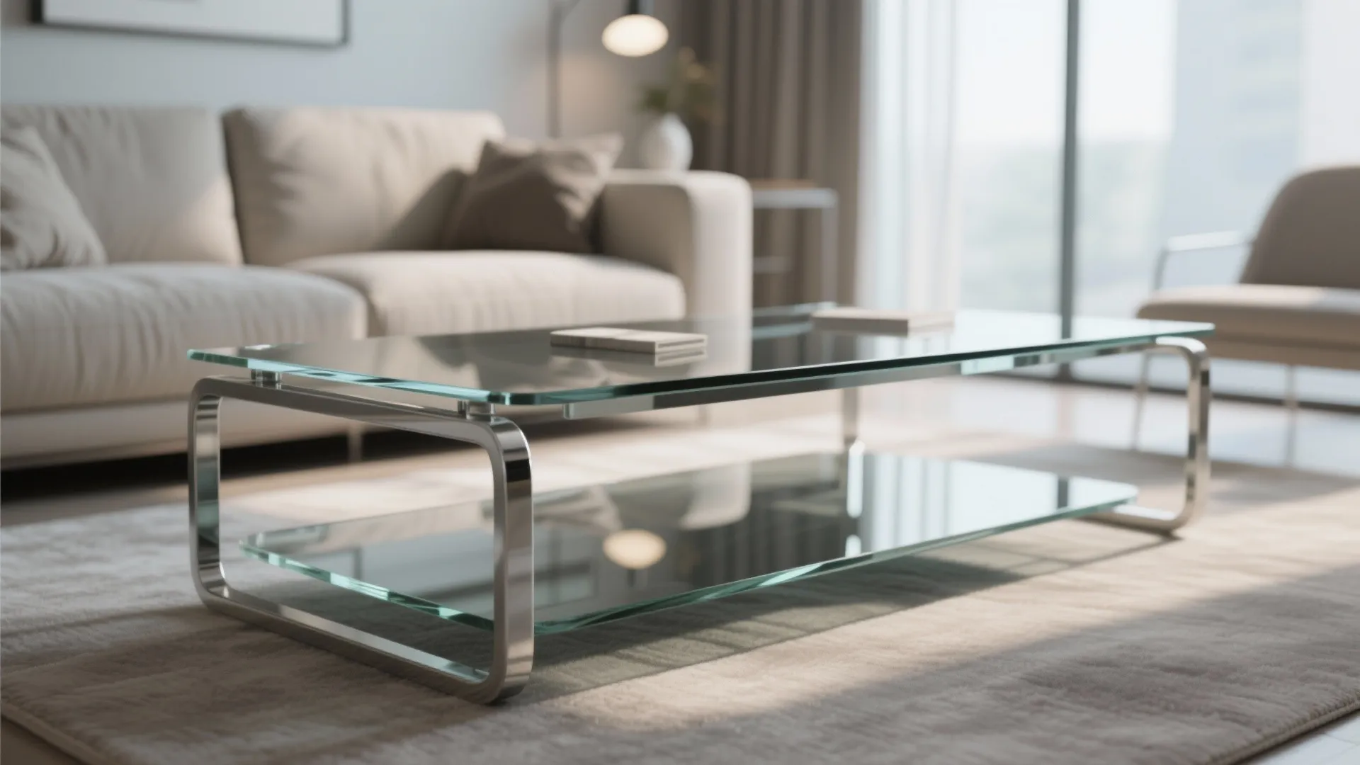 Modern glass coffee table with metal legs on a grey rug in a bright living space