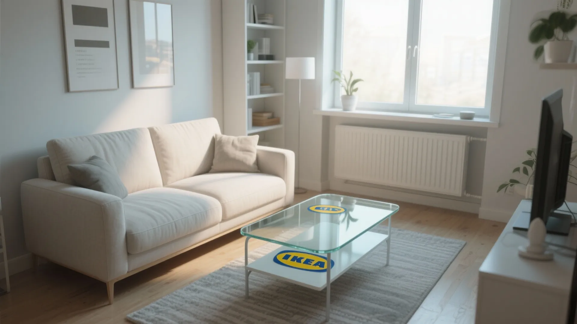 Glass coffee table in a bright small living room
