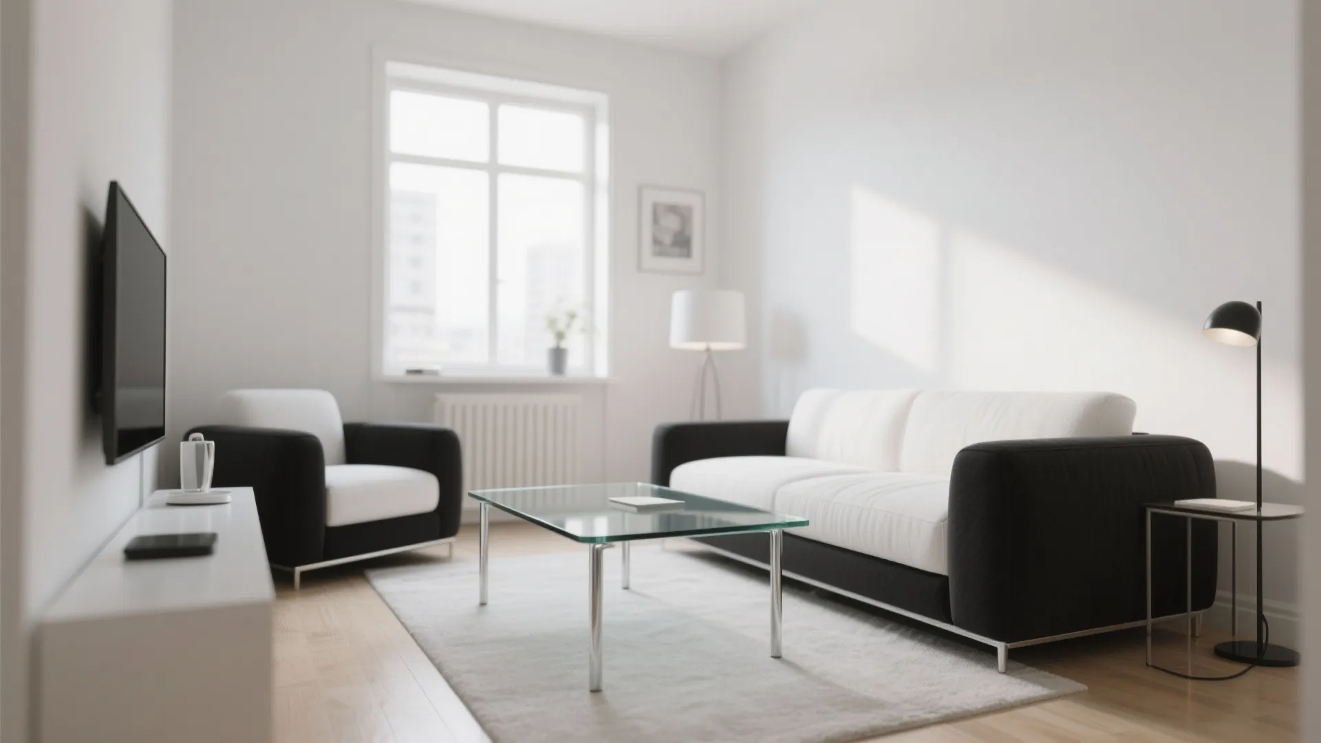 Minimalist glass-topped coffee table in a monochrome living room