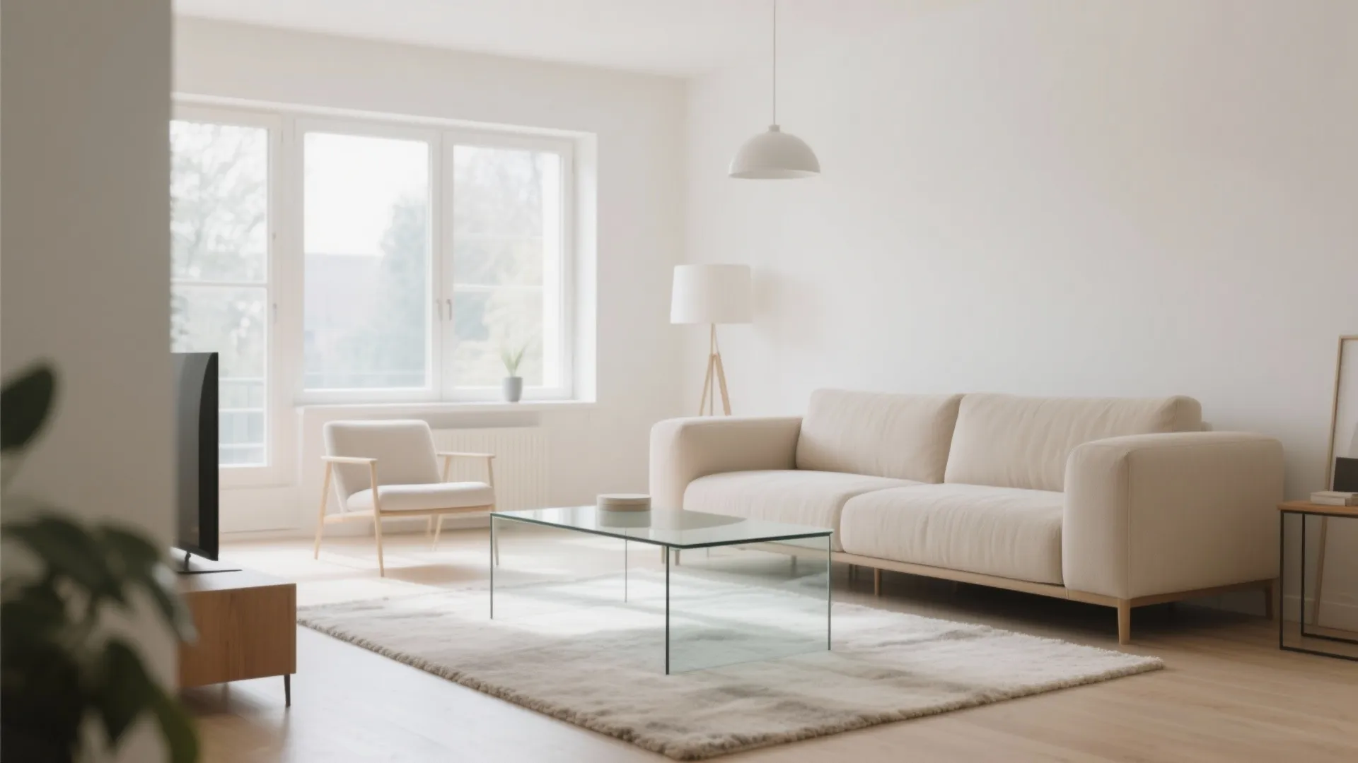 Minimalist living room with beige sofa glass coffee table white rug and a ceiling light