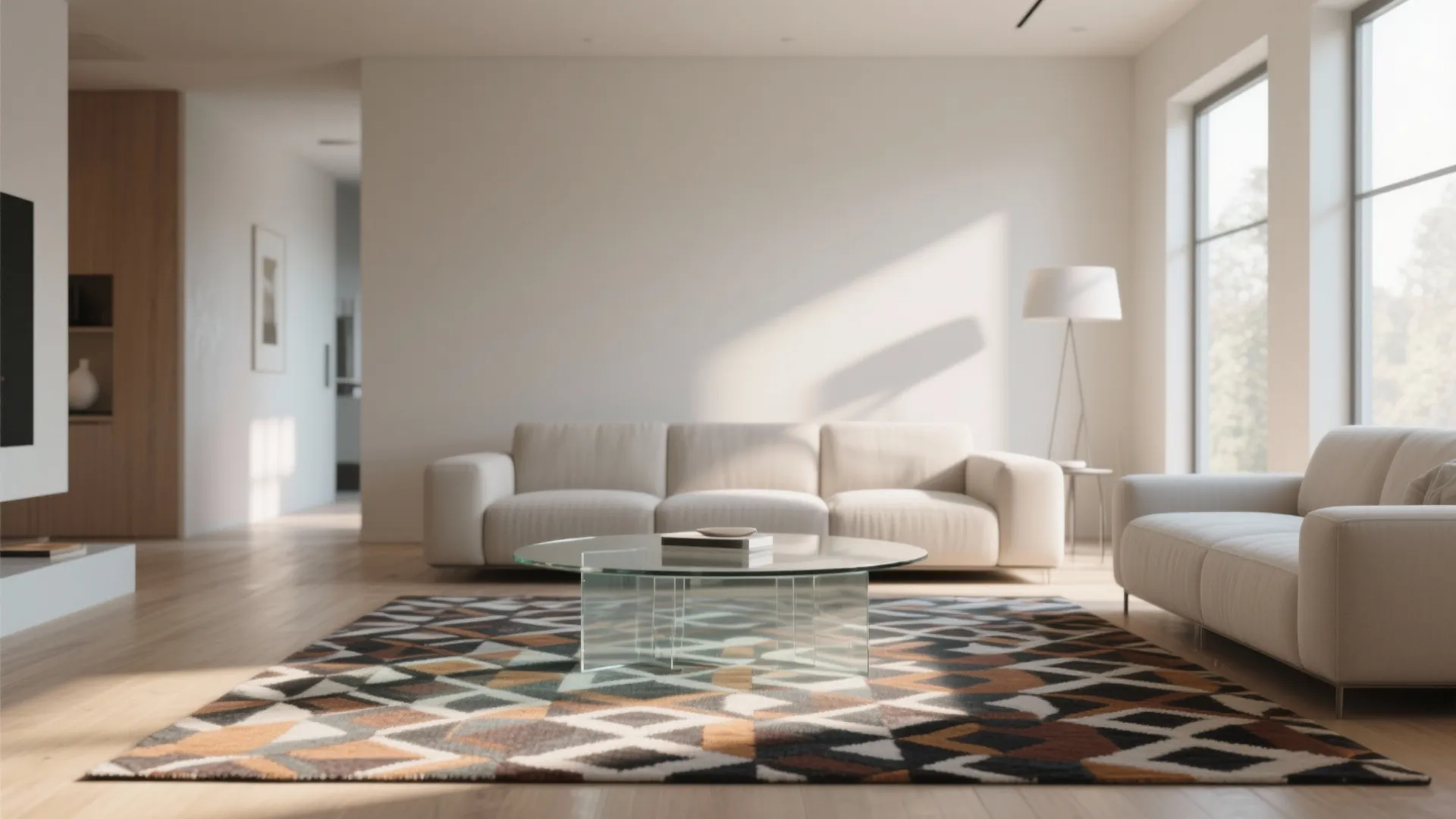 Modern bright living room featuring a round glass coffee table on a geometric patterned rug