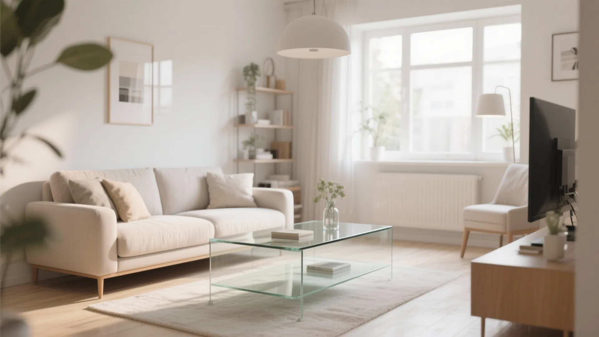 Modern bright living room with cream sofa glass coffee table white ceiling light and window