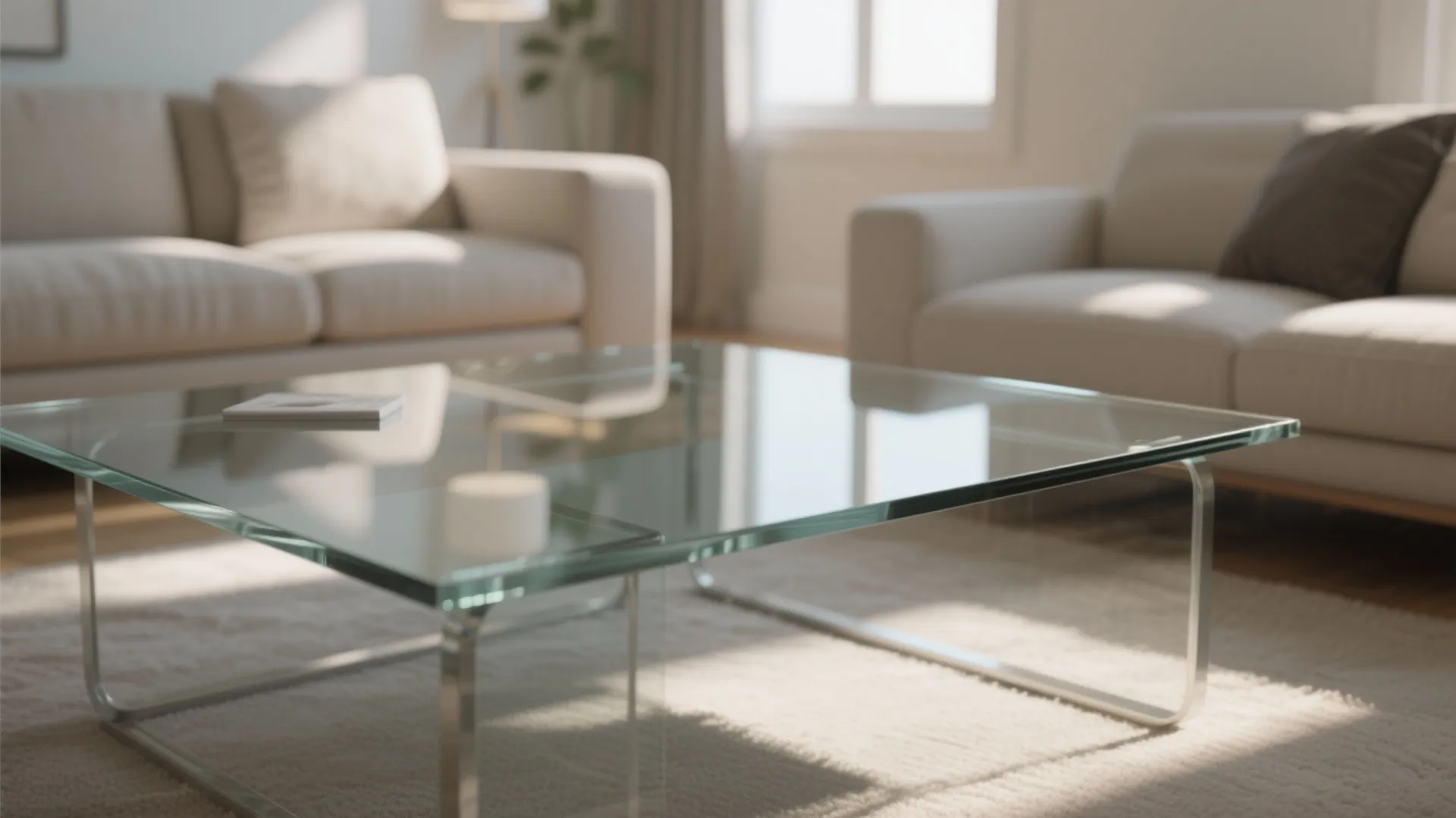 Modern glass coffee table in living room with cream sofas white rug and natural sunlight
