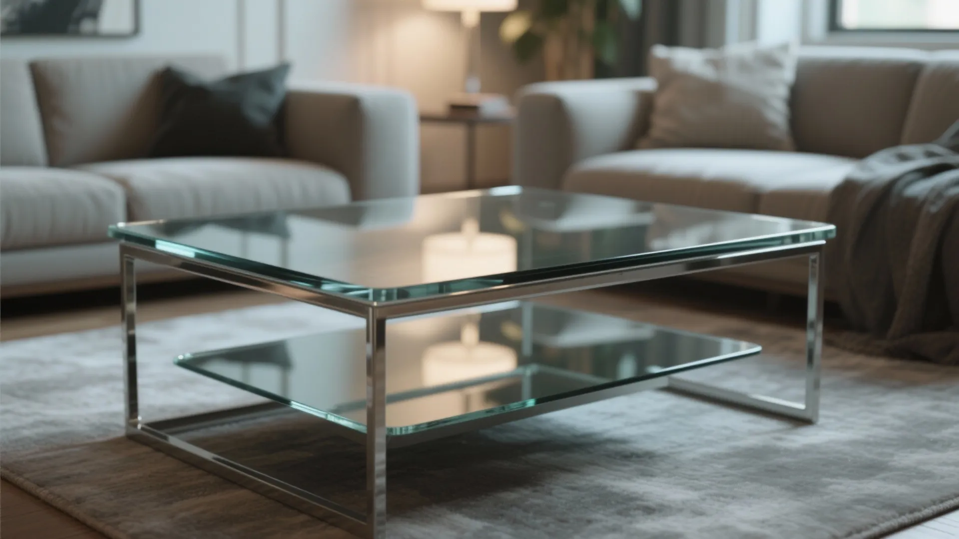 Modern rectangular glass coffee table with chrome frame positioned between two light grey fabric sofas