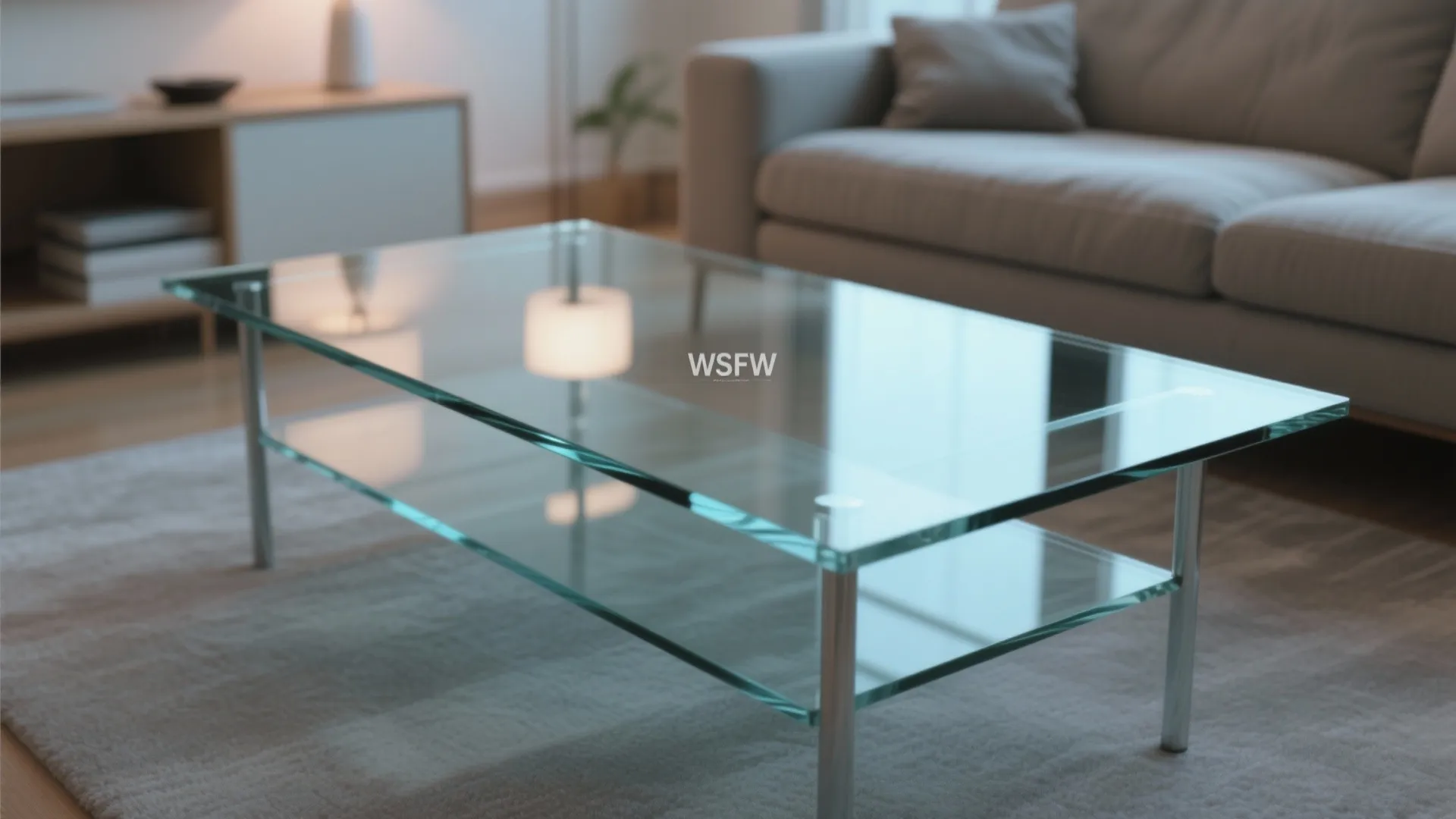 Macro view of glass coffee table in a modern living room