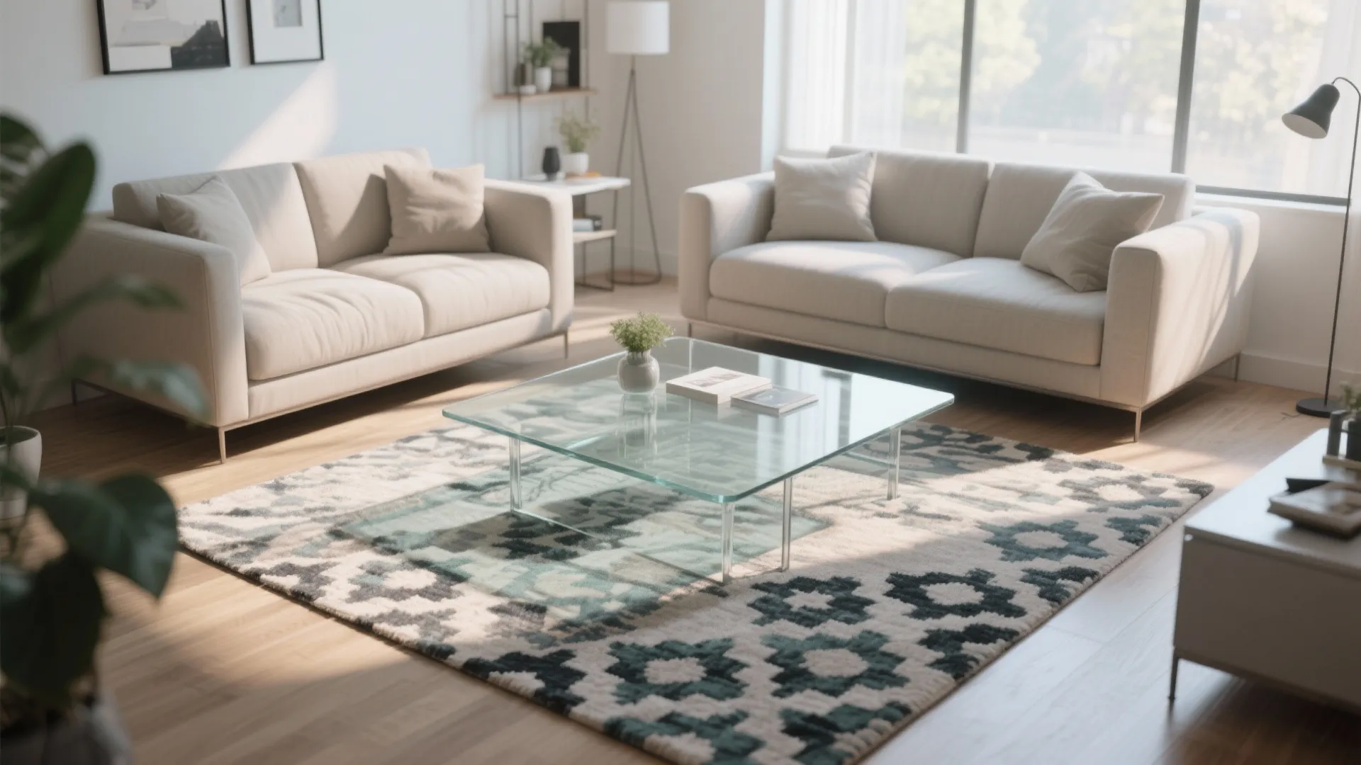 Bright living room featuring a glass coffee table over a patterned rug and two sofas