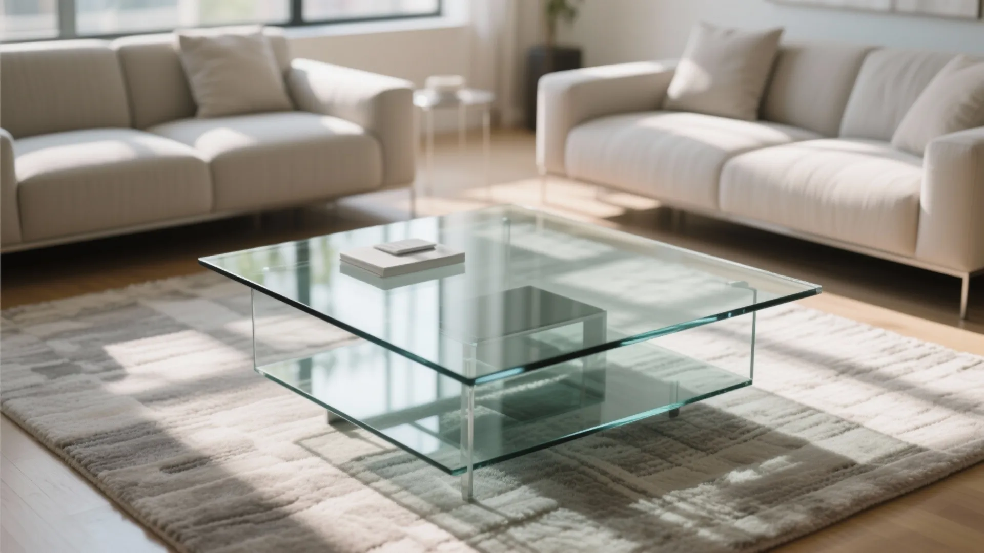 Glass coffee table adding openness in a small living room