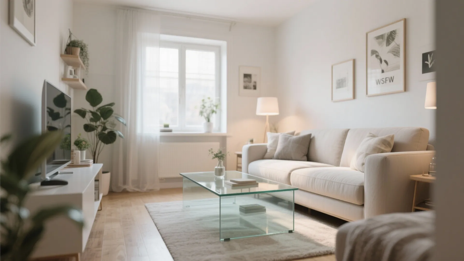 Modern bright living room featuring a glass coffee table beige sofa white walls and natural light