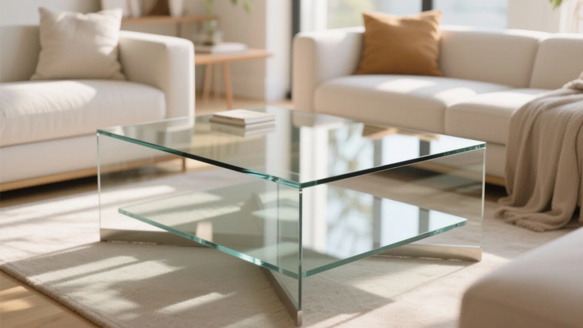 Square glass coffee table in a bright living room with two white sofas and rug