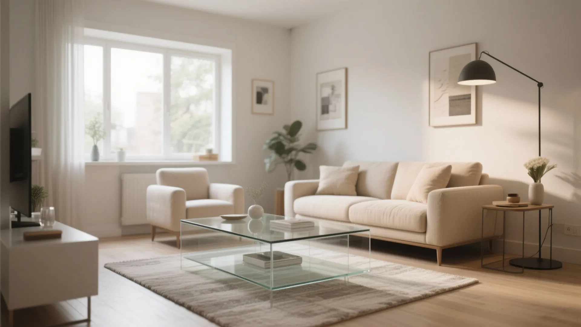 Living room interior featuring a glass coffee table beige sofa floor lamp and soft rug
