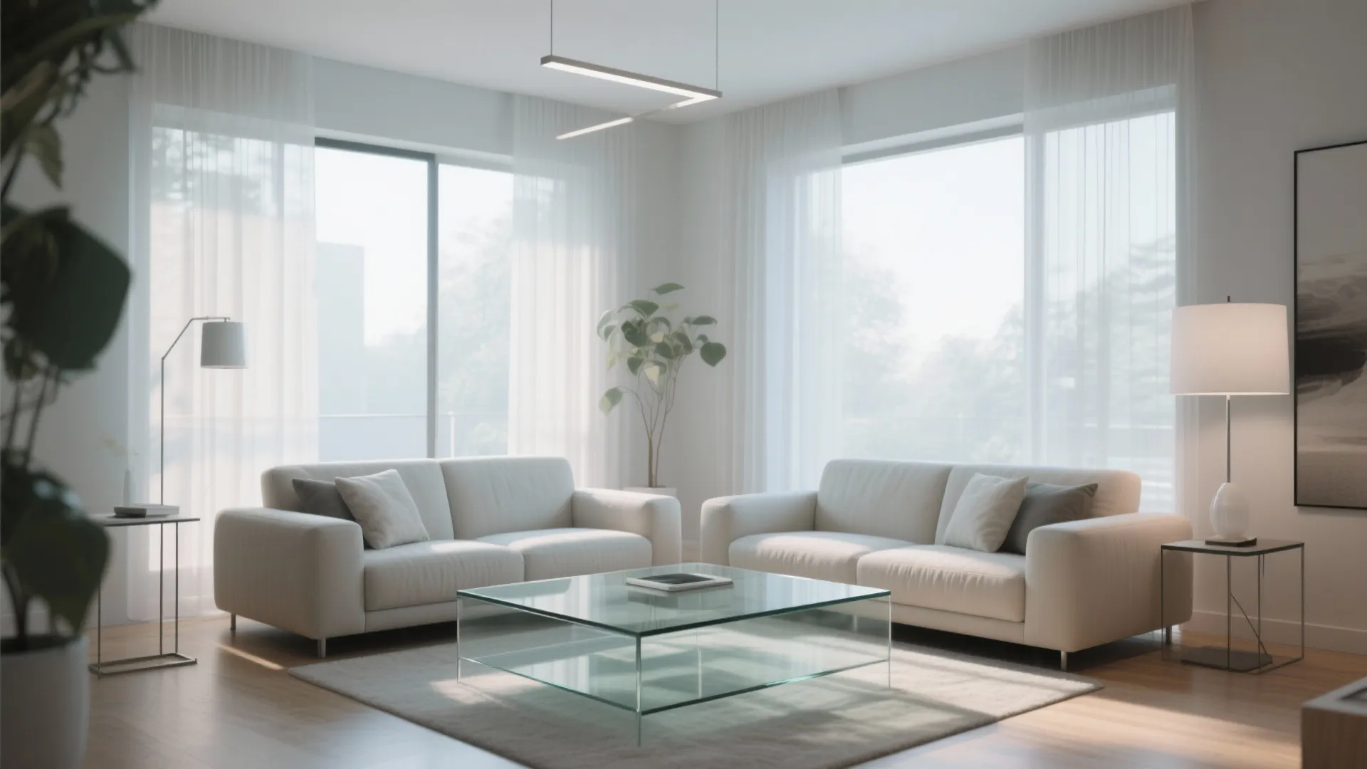 Modern bright living room with two white sofas glass coffee table and a ceiling light