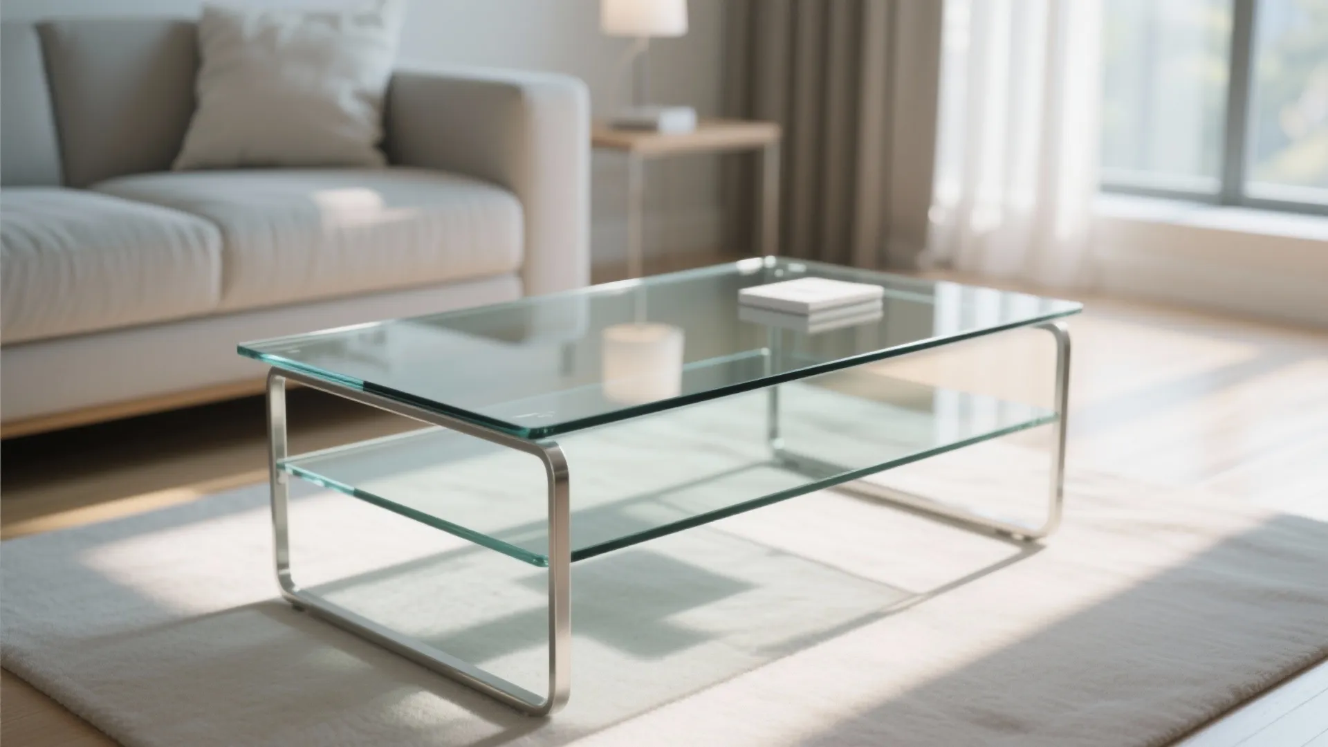 Modern glass coffee table with metal frame placed on a white rug in living room area