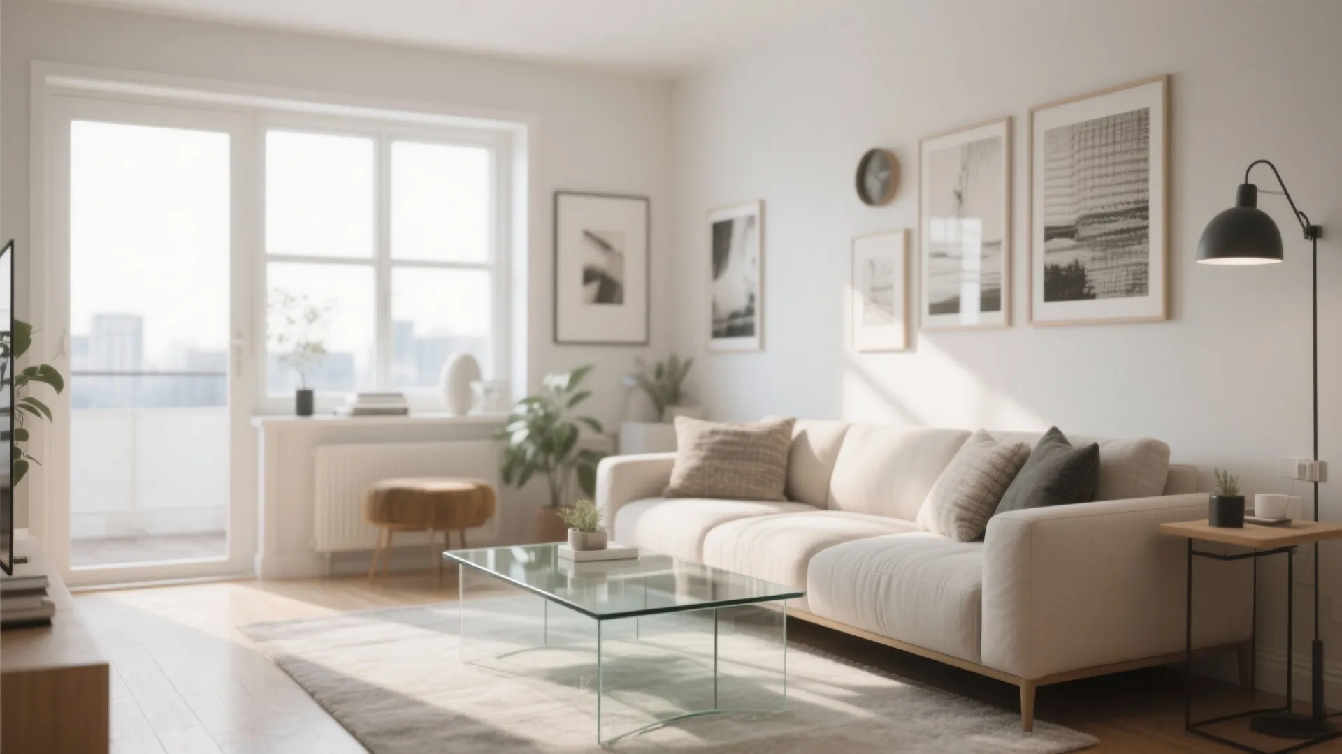 Glass coffee table to open up sightlines