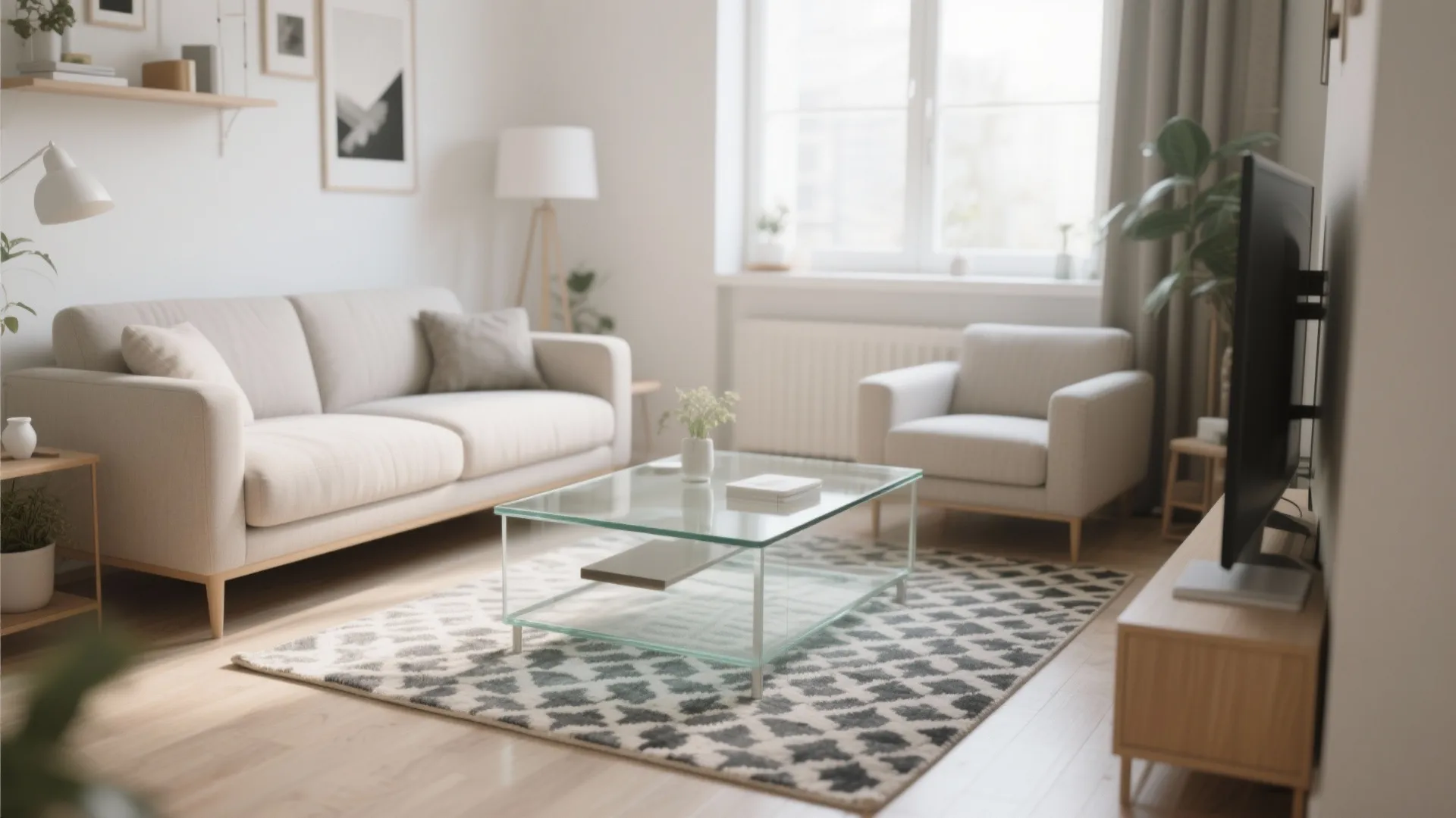 Living room interior featuring glass coffee table on patterned rug with sofa and television stand