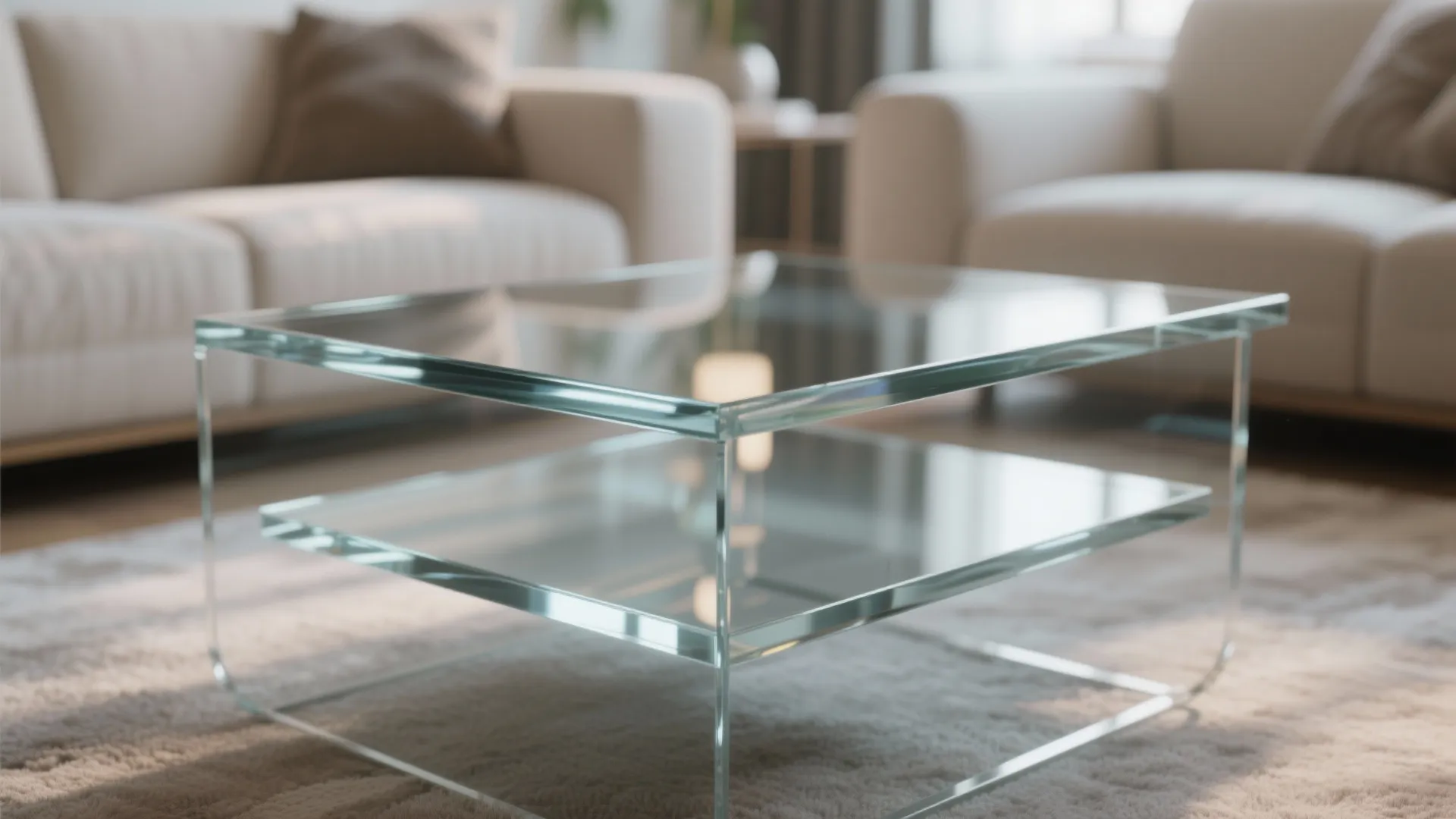 Close up of two tier glass coffee table on soft rug in a modern living room