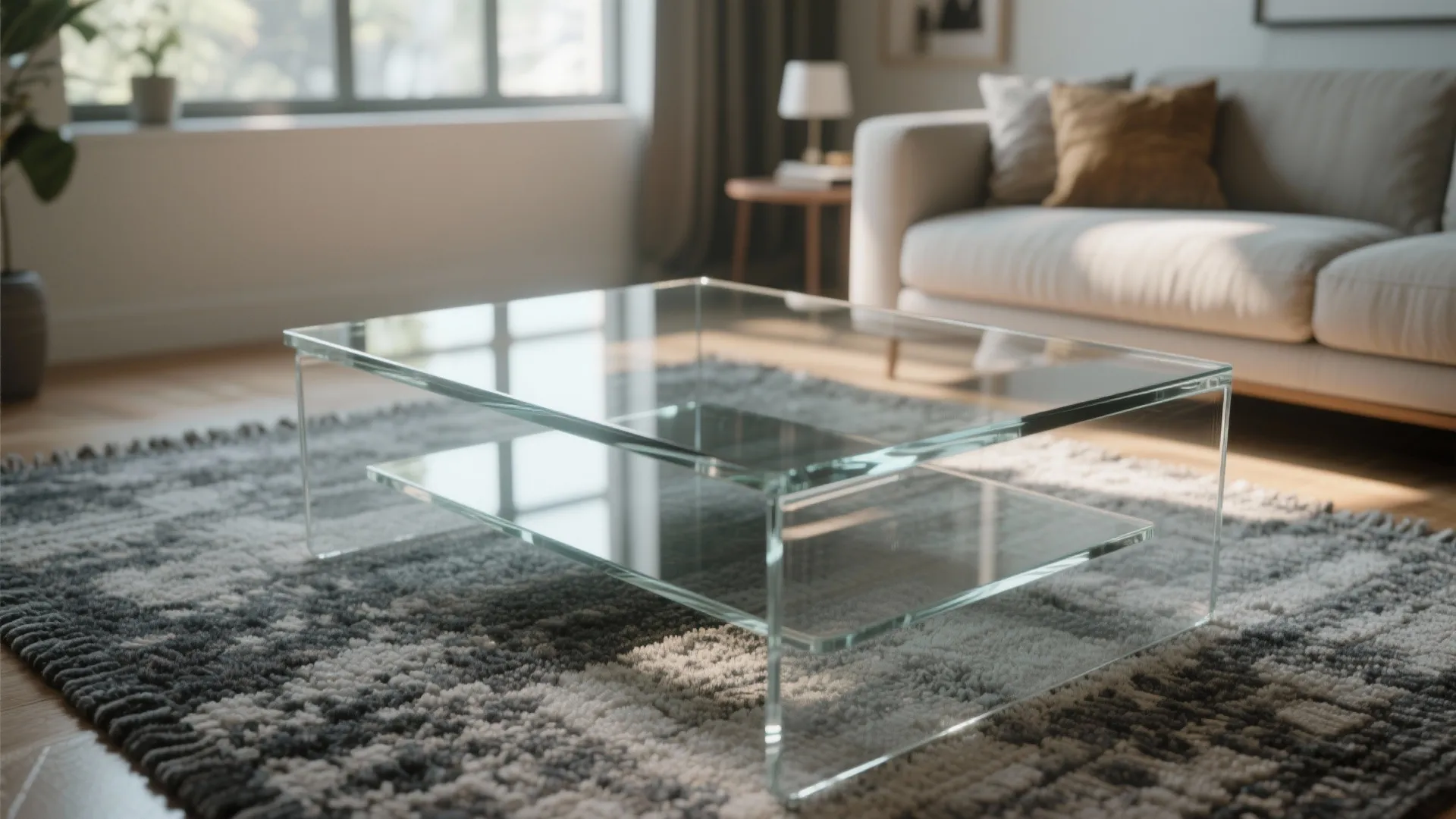 Modern clear glass coffee table on a grey rug in a sunlit living room with sofa