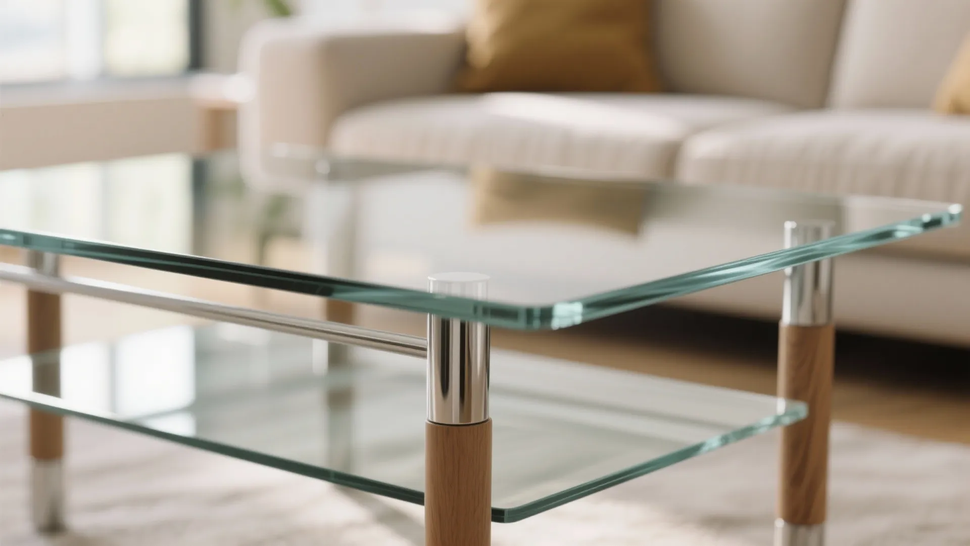 Close up of a glass coffee table with wooden legs in a bright living room
