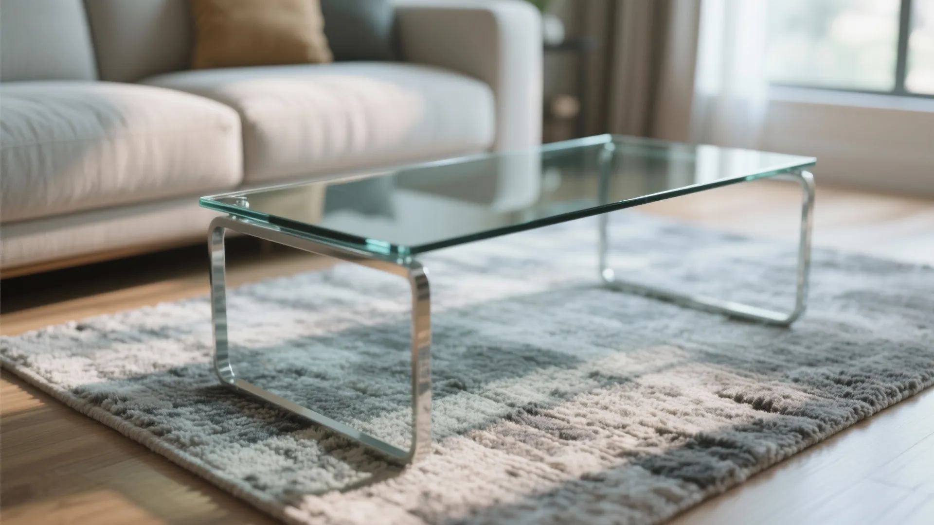 Modern glass coffee table with metal legs on a grey patterned rug in a bright room
