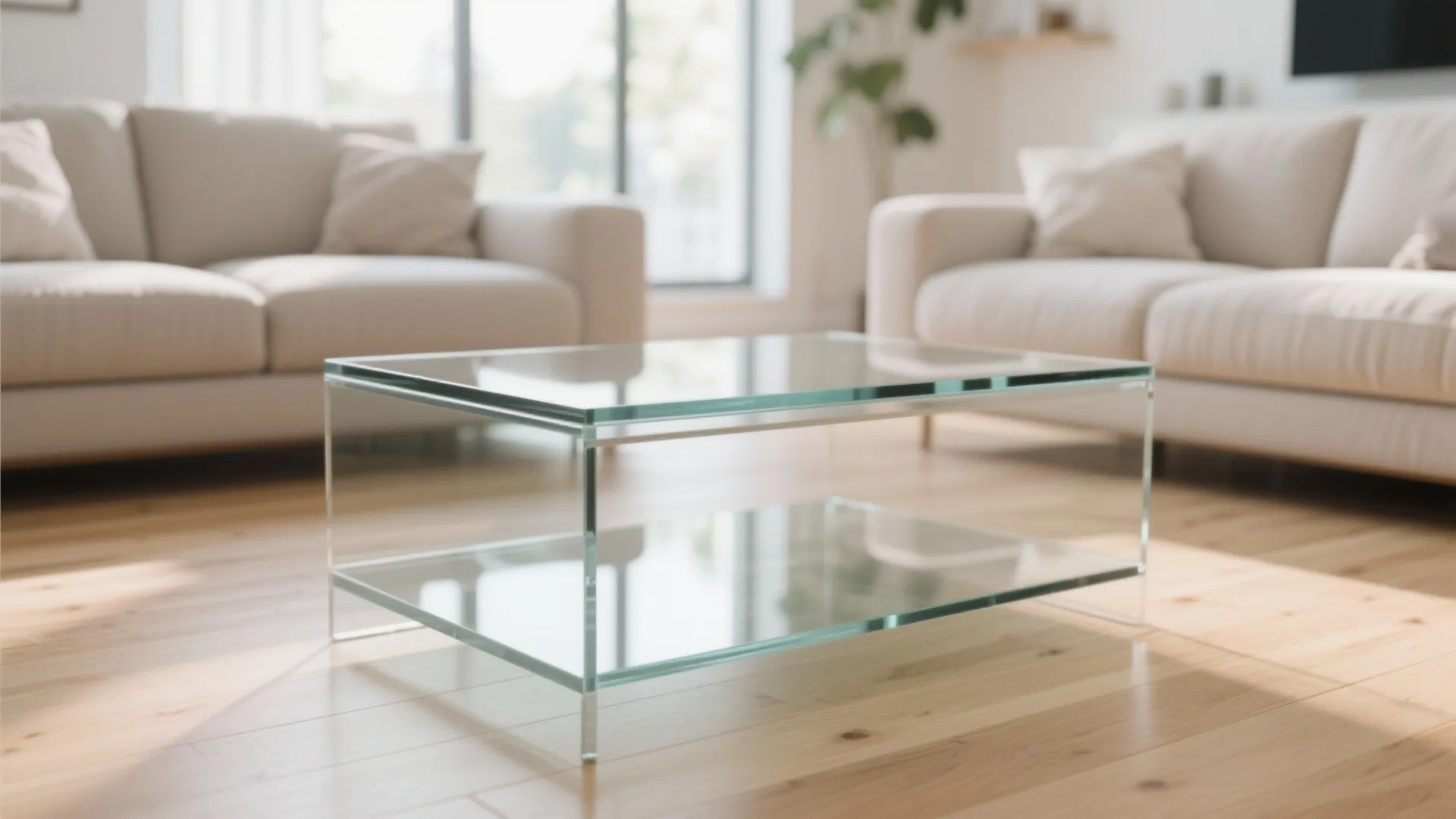 Glass coffee table adding openness to living room