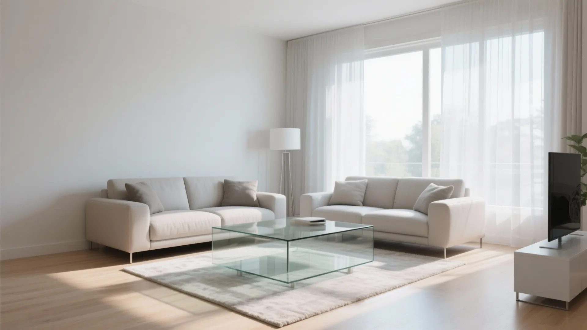 Modern bright living room with white sofas a glass coffee table rug floor lamp and windows