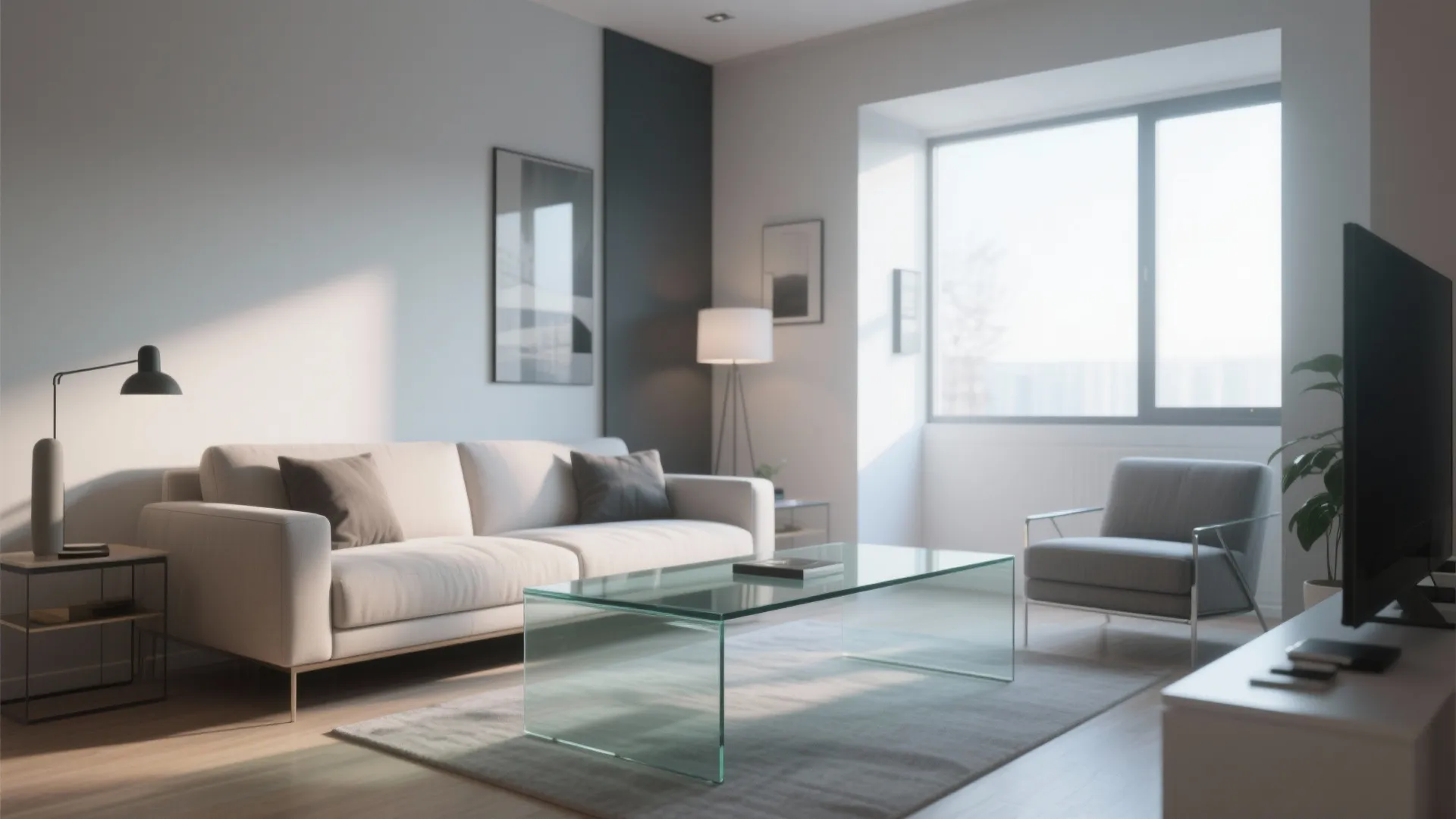 Modern bright living room with white sofa glass coffee table grey armchair and large window view