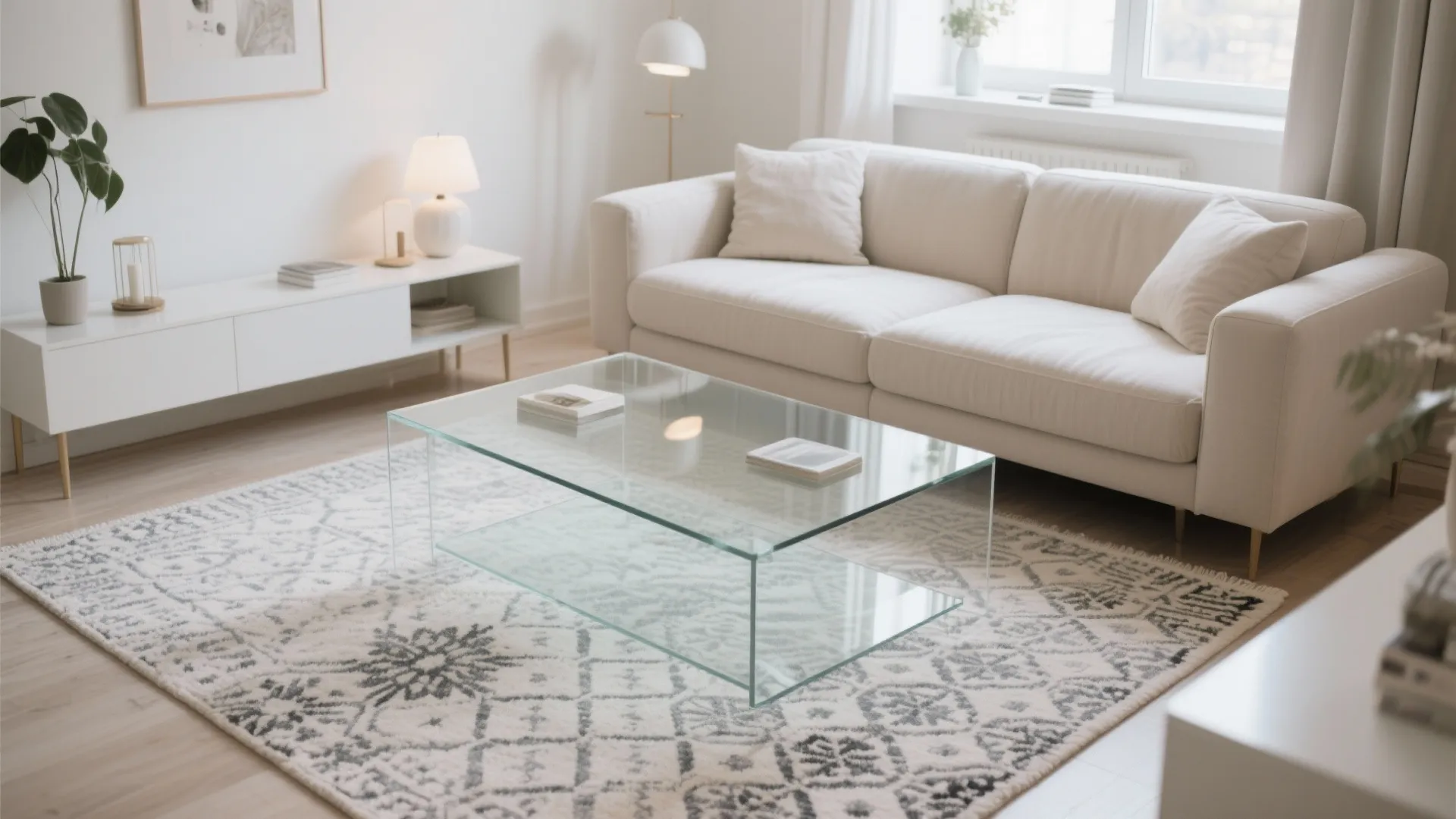 Modern white living room featuring a glass coffee table patterned rug white sofa and plants
