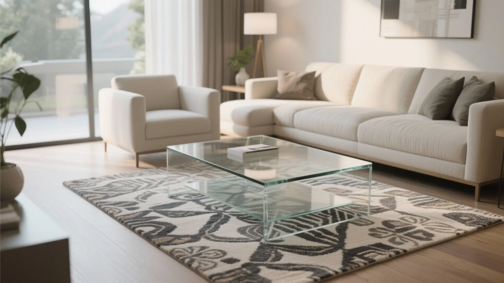 Modern living room featuring white sofa glass coffee table patterned rug floor lamp and glass balcony